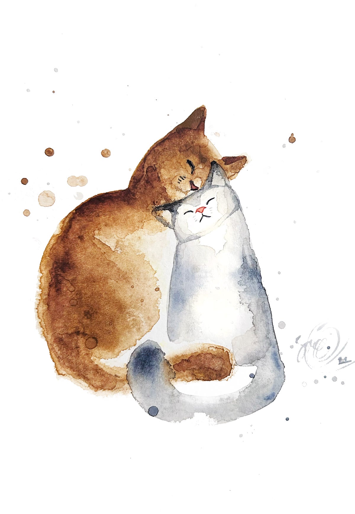 Watercolor painting Cat Couple, 14 cm x 20 cm