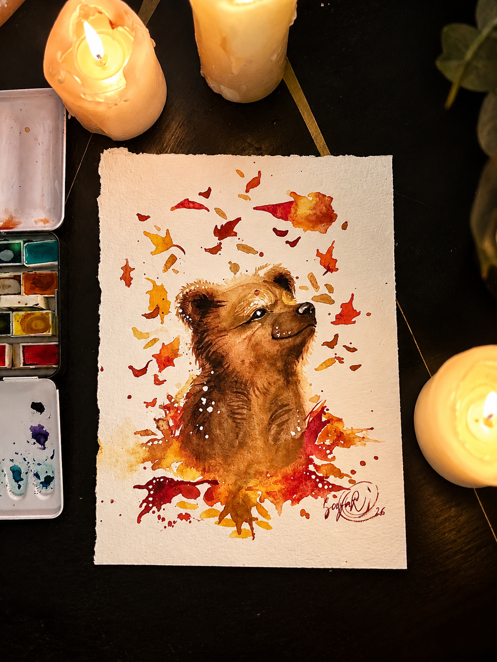 Artwork Bear in Leafs, 24 x 32 cm