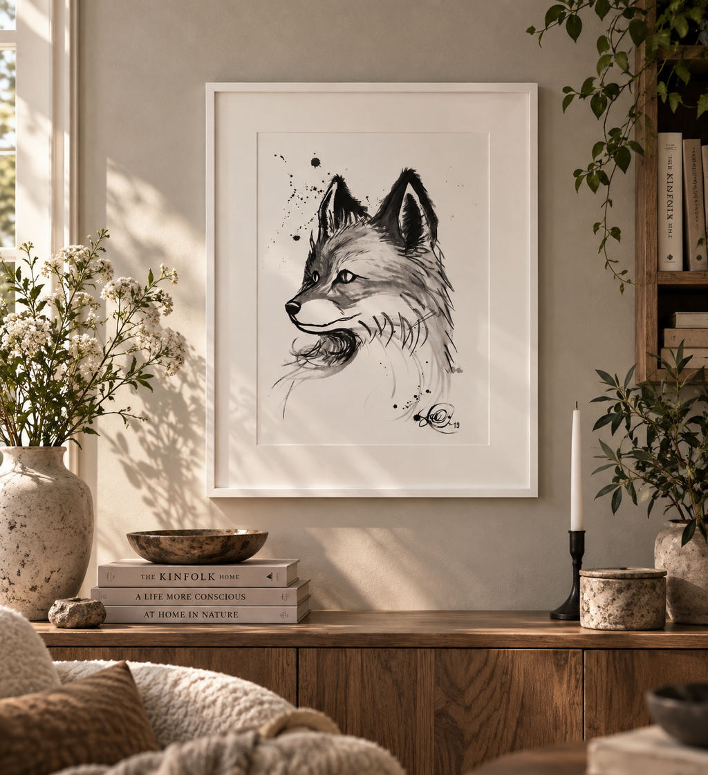 Bottle ink painting Fox, 41cm x 51cm