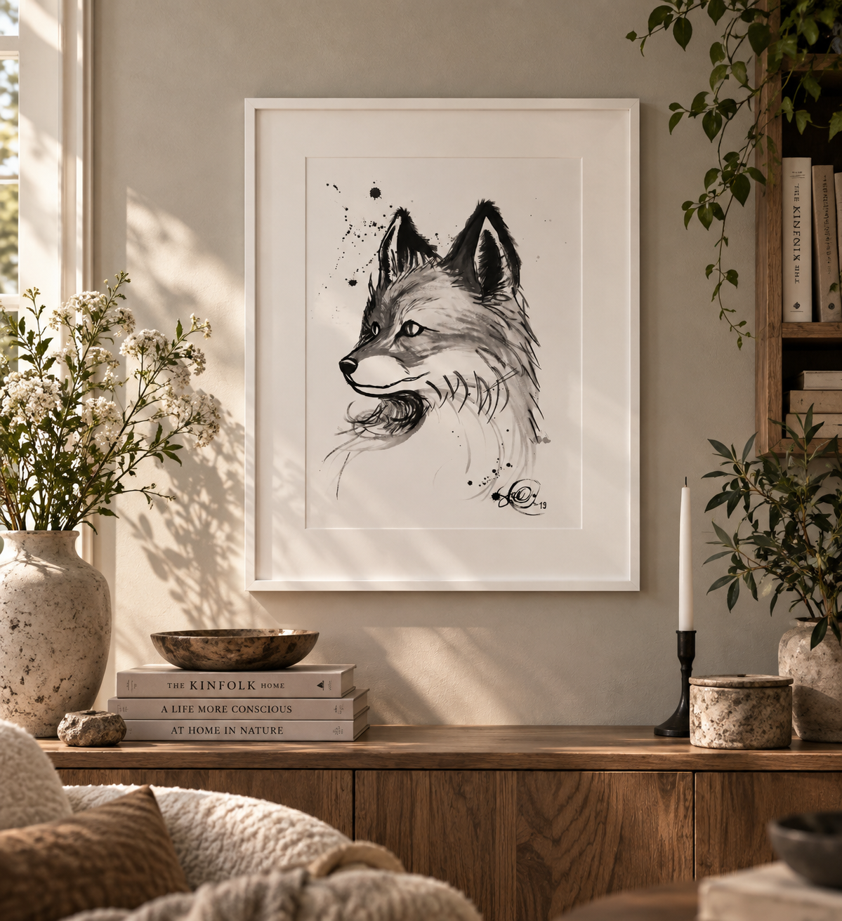 Bottle ink painting Fox, 41cm x 51cm