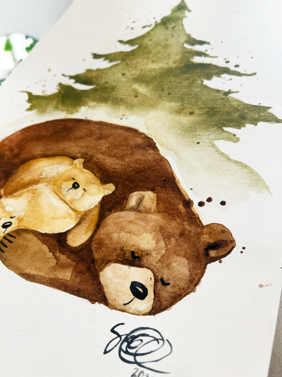 Artwork Bear Family Under the Fir Tree, 30cm x 42cm