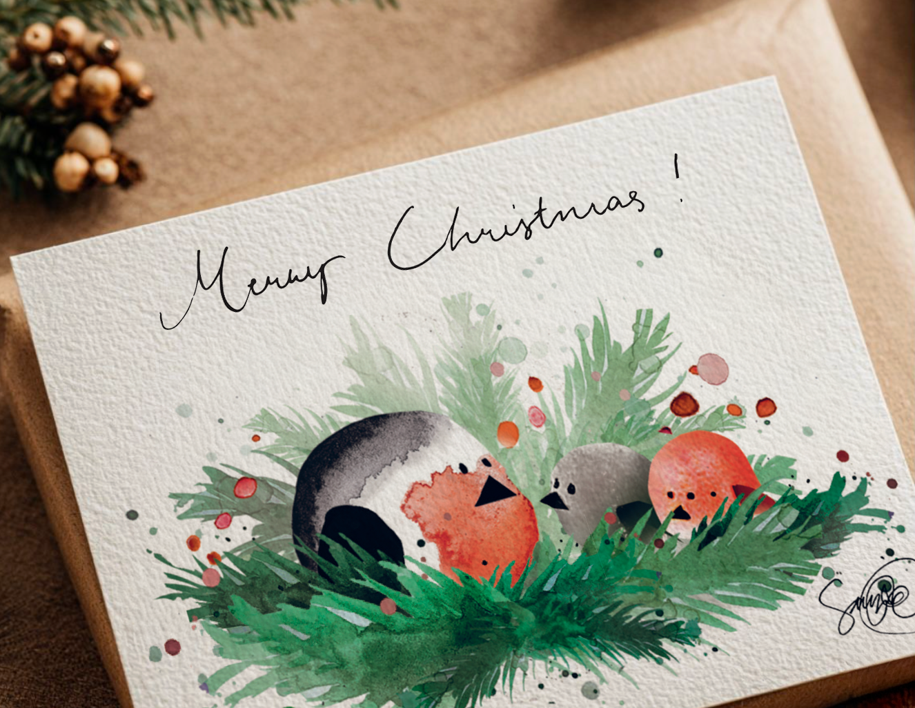 Joulukortti Punatulkkuperhe, A6