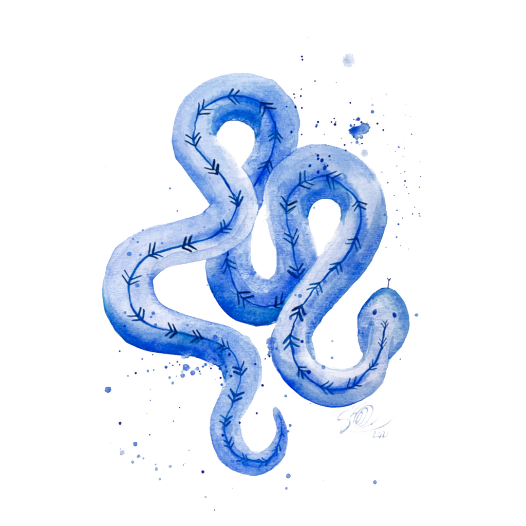 Watercolor painting Sapphire snake, 41cm x 59cm