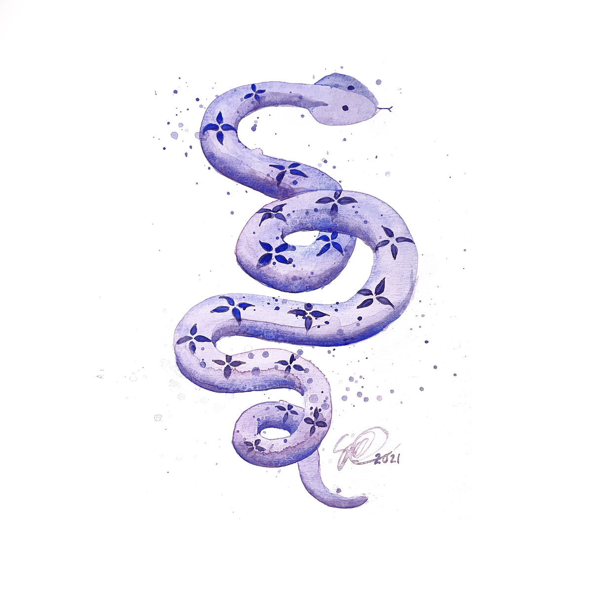 Watercolor painting Tanzanite snake, 41cm x 59cm