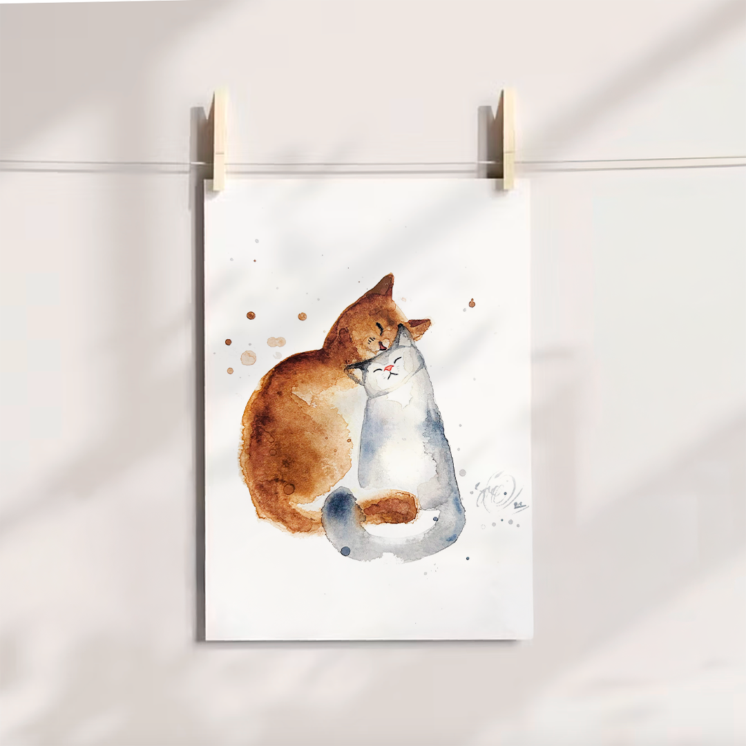Watercolor painting Cat Couple, 14 cm x 20 cm