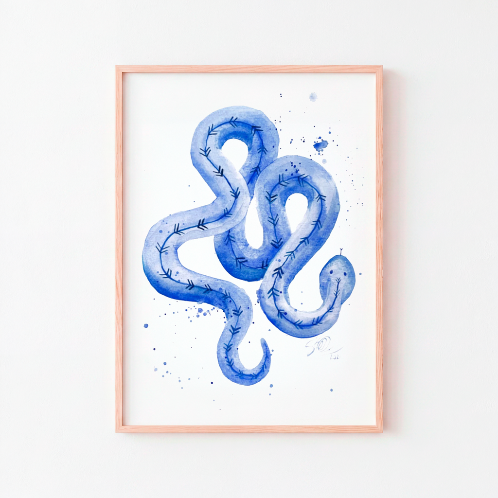 Watercolor painting Sapphire snake, 41cm x 59cm