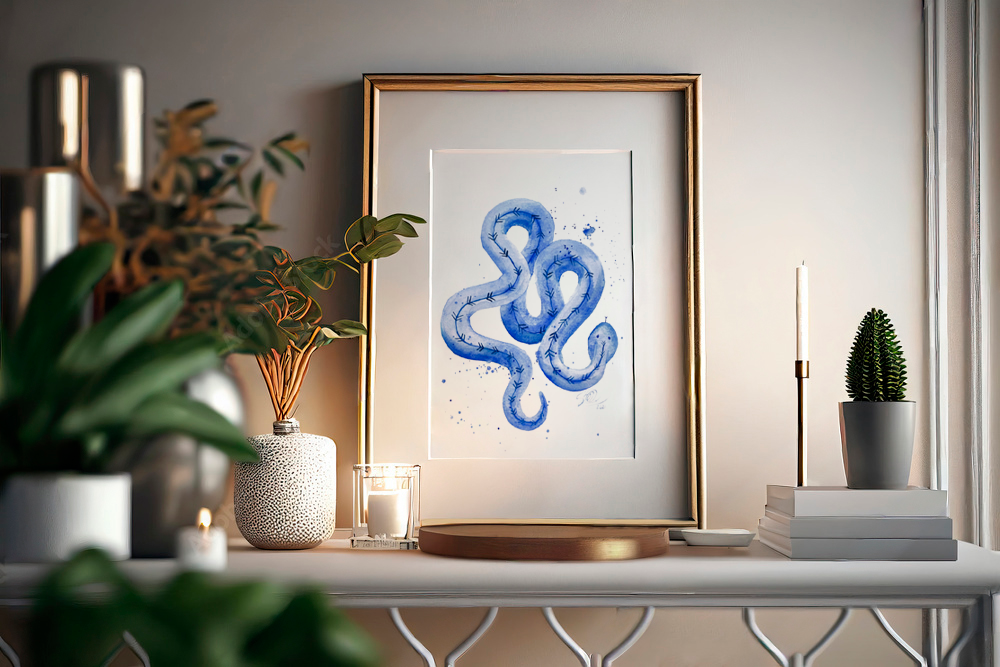 Watercolor painting Sapphire snake, 41cm x 59cm