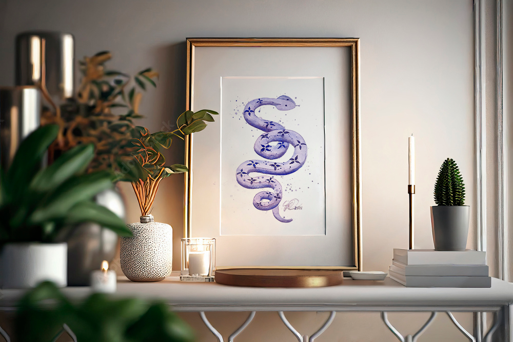 Watercolor painting Tanzanite snake, 41cm x 59cm