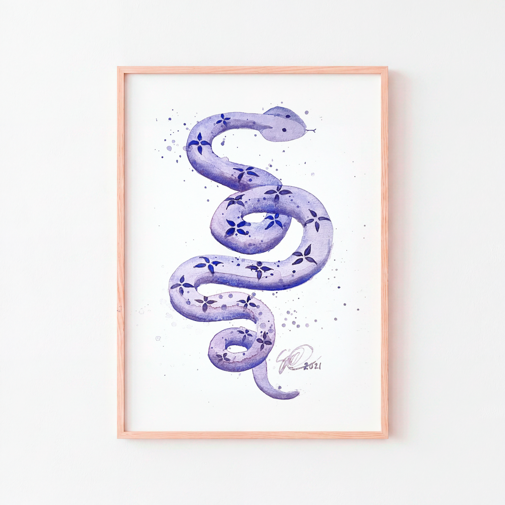 Watercolor painting Tanzanite snake, 41cm x 59cm